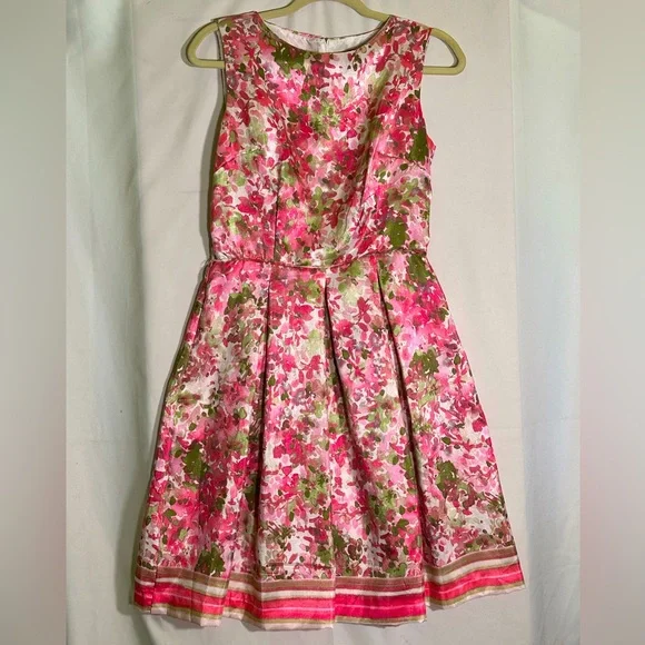Karin Stevens Vintage Style Pink Floral Satiny Knee-Length Dress Womens 8 - Picture 1 of 8